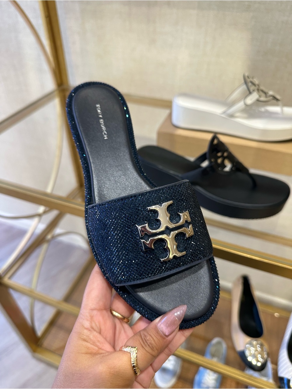 Tory Burch Navy Glitter Miller Slide with Gold Logo
